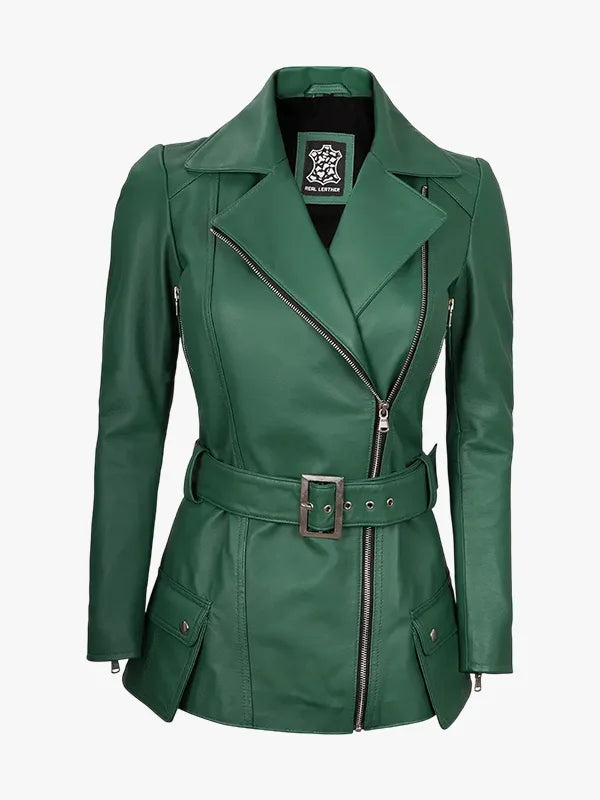Womens Green Belted Biker Jacket