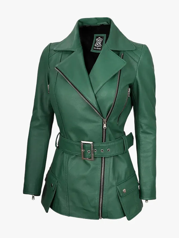 Womens Green Belted Biker Zipper Jacket