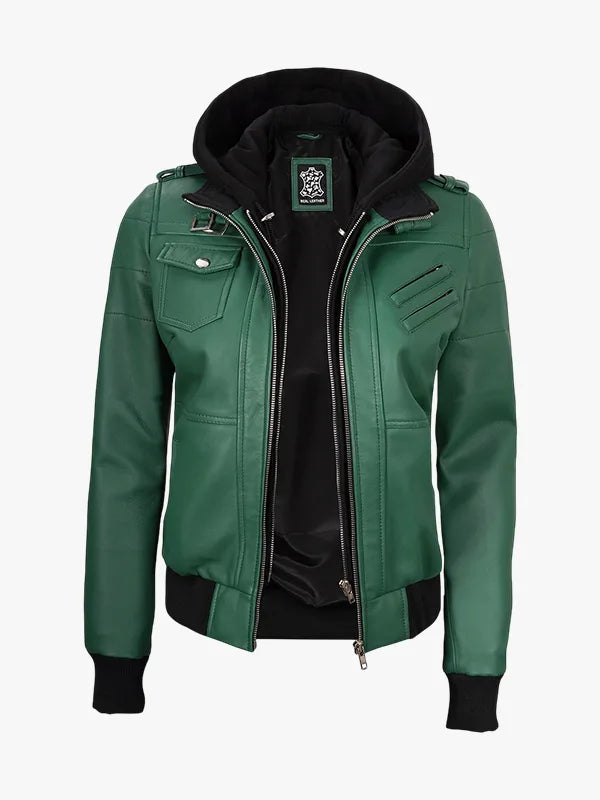 Womens Green Bomber Hood Jacket
