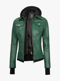 Womens Green Bomber Shirt Style Jacket With Removable Hood