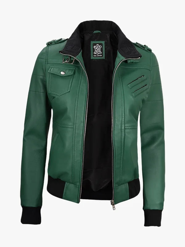 Womens Green Bomber Zip-Up Hooded Jacket