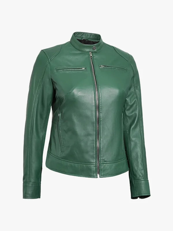 Womens Green Cafe Racer Biker Jacket