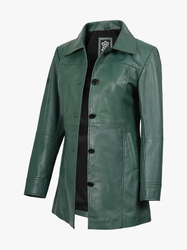 Womens Real Green Coat 34 length Turn Down Collar Jacket