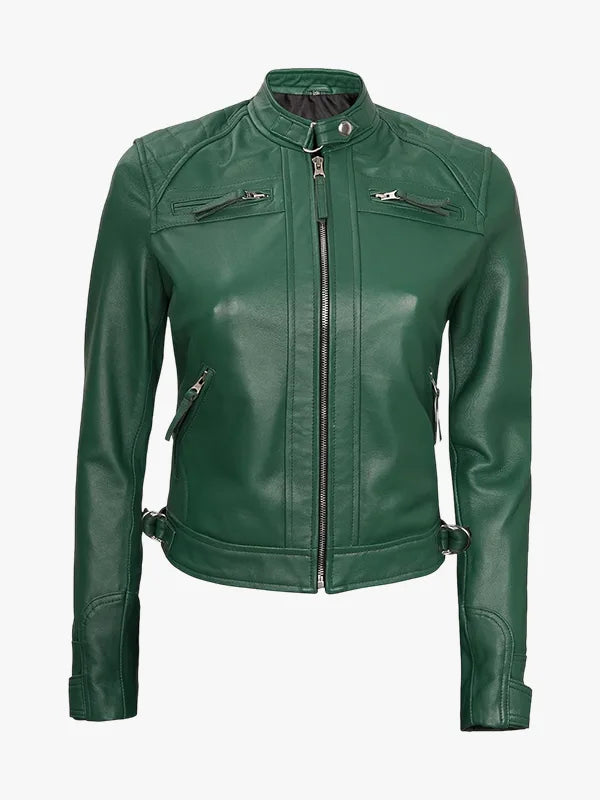 Womens Real Lambskin Green Biker Jacket