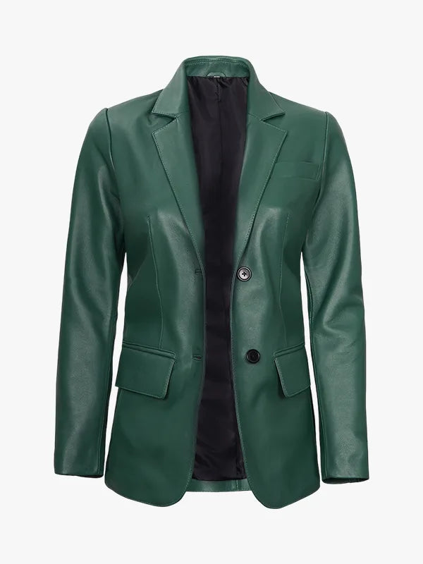 Womens Two Button Asymmetrical Green Blazer With Shirt Style Collar