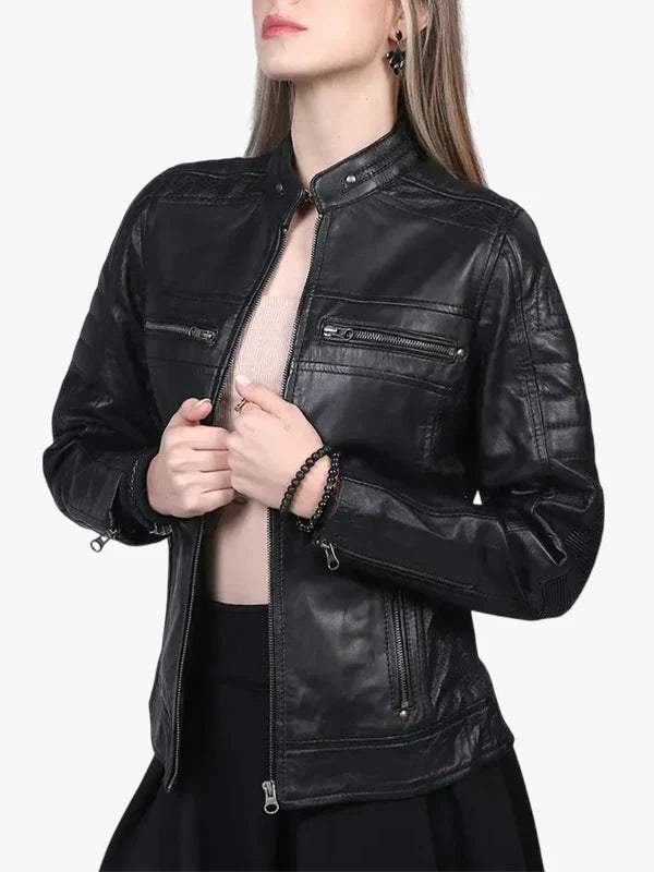 Womens Black Cafe Racer Leather Jacket Side