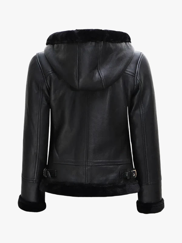 Womens Black Hooded Shearling Leather Jacket