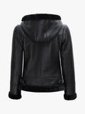 Womens Black Hooded Shearling Leather Jacket