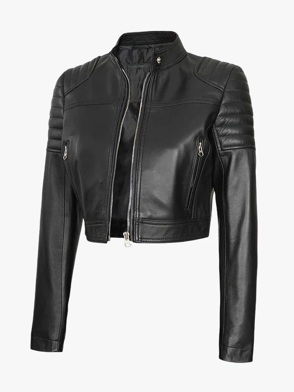Womens Black Leather Cropped Moto Jacket