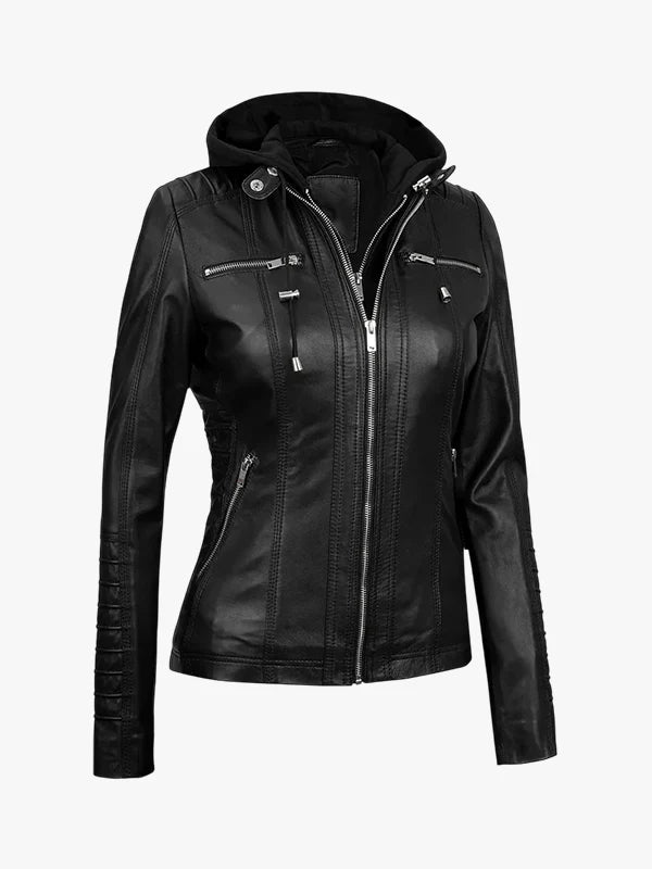 Womens Black Leather Jacket with Hood