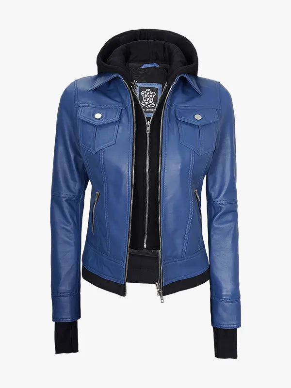 Womens Blue Bomber Jacket With Hood