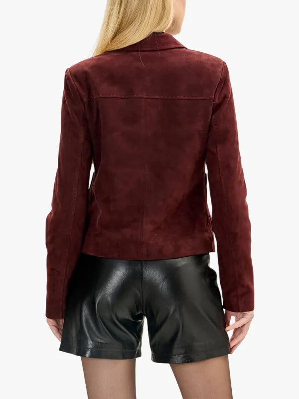 Womens Burgundy Lambskin Leather Short Suede Jacket