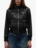 Womens Emma Black Leather Bomber Jacket