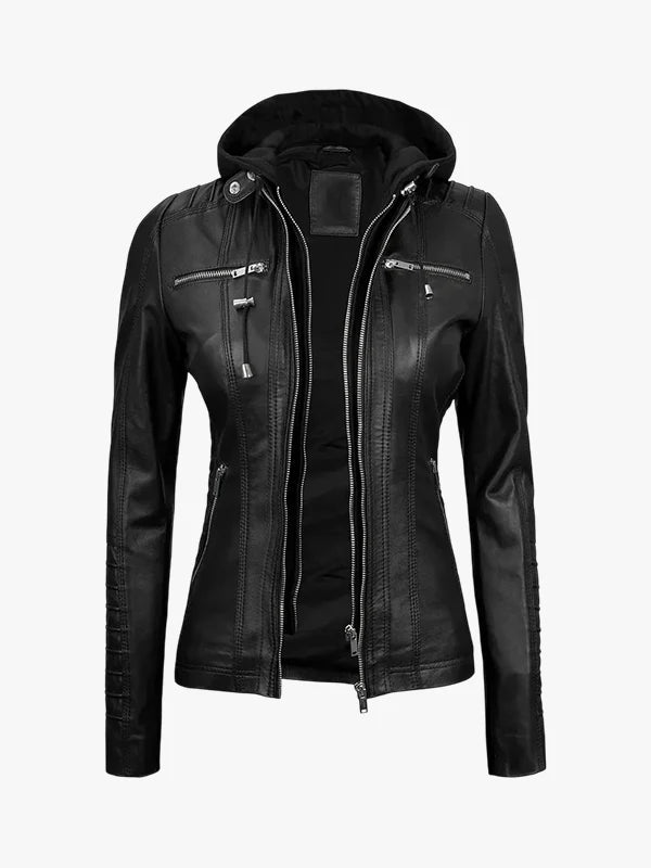 Womens Hooded Black Leather Jacket