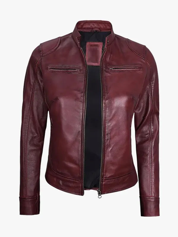 Womens Real Leather Burgundy Moto Jacket