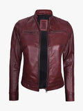 Womens Real Leather Burgundy Moto Jacket