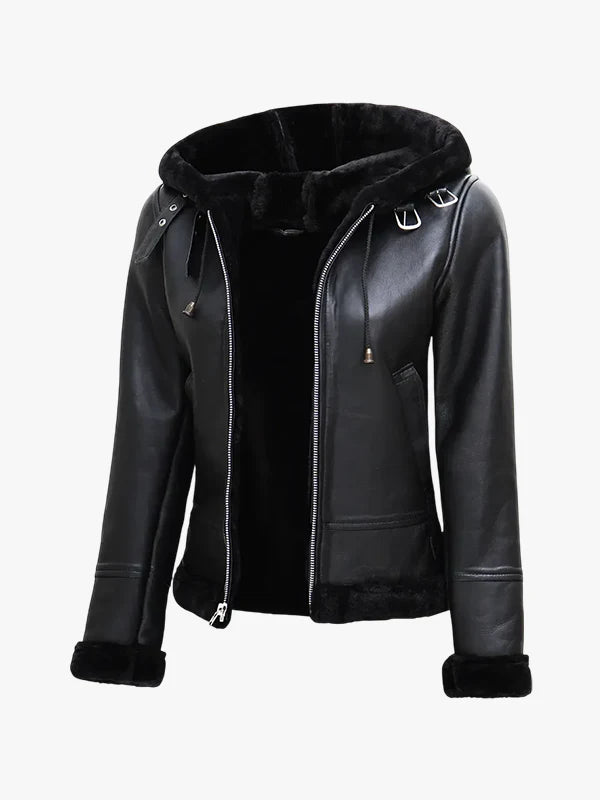Womens Shearling Black Hooded Leather Jacket