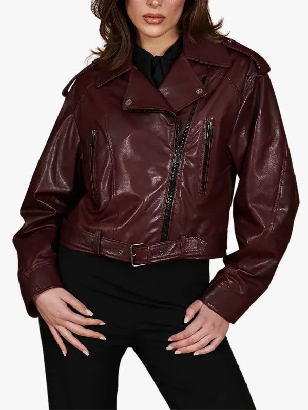 Xenia Bordeaux leather biker jacket vintage short version