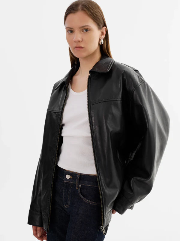 lamarque theia oversized leather bomber jacket in black