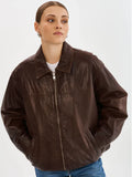 lamarque theia oversized leather bomber jacket in dark brown