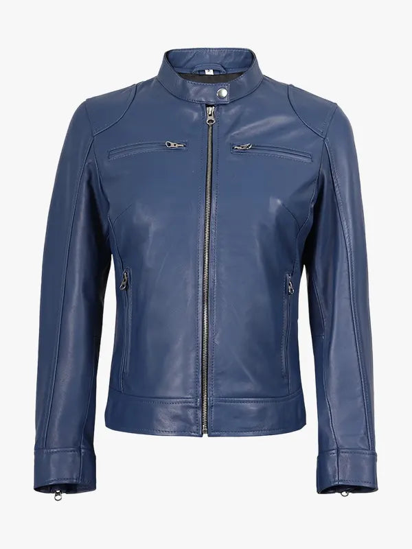 women Biker Style Leather Blue Jacket