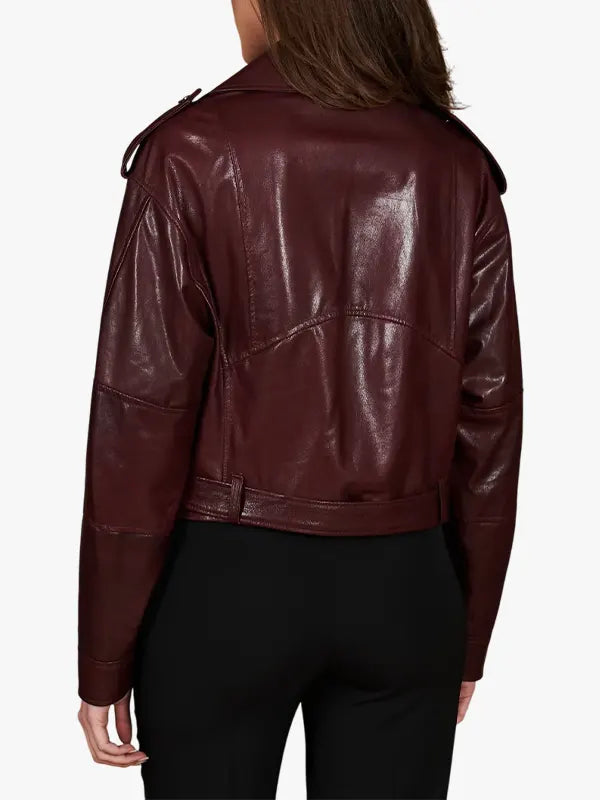 womens Xenia Bordeaux leather biker jacket