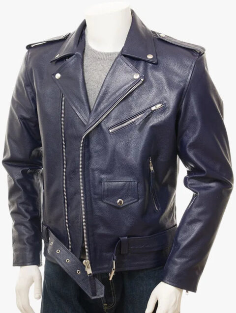 ASHCOMBE Men's Navy Leather Biker Jacket