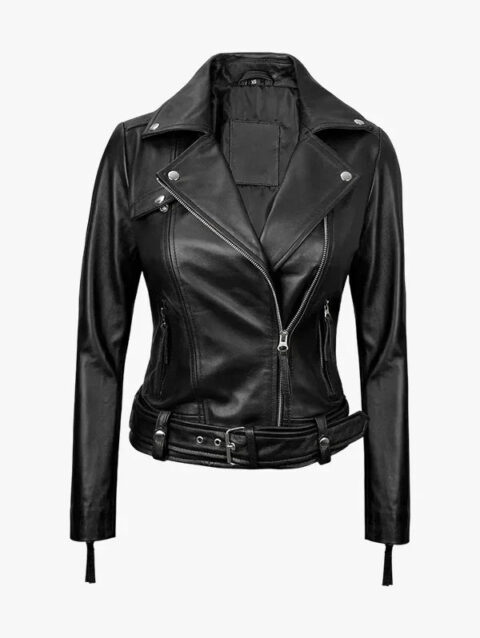 Angela Womens Black Belted Asymmetrical Leather Jacket