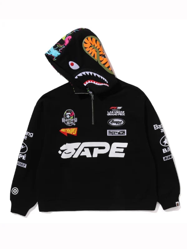 BAPE x F1LVMulti Logo Shark Relaxed Fit Half Zip Hoodie Black