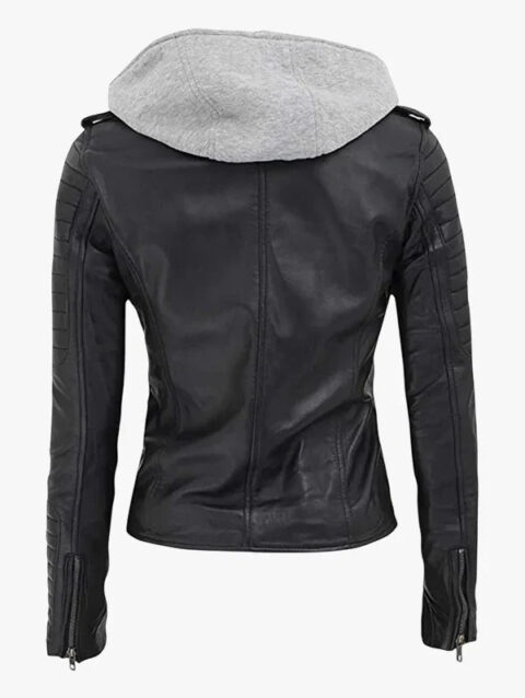Bagheria Black Leather Biker Jacket With Removable Hood