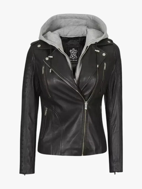 Bagheria Black Womens Leather Jacket With Hood