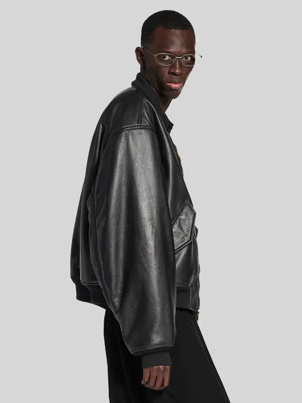 Balenciaga I Automobili Lamborghini Oversized Black Leather Bomber Jacket
