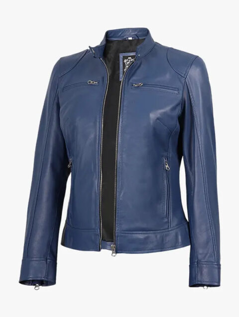 Blue Biker Style Leather Jacket For women