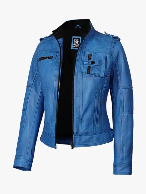 Blue Waxed Biker Leather Jacket
