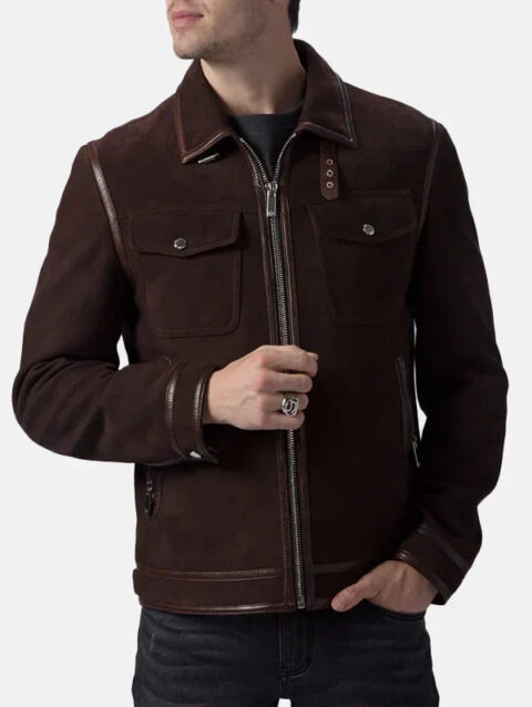 Brown Suede Trucker Casual Leather Jacket Mens
