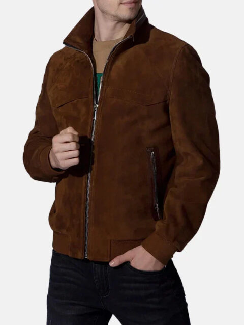 Brown Vintage Suede Leather Trucker Bomber Jacket