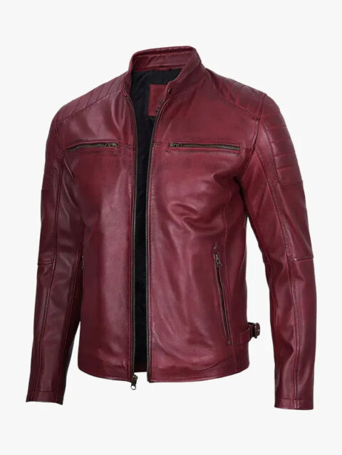 Burgundy Cafe Racer Real Leather Jacket for Men