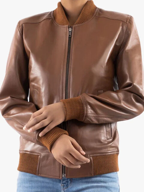 Classic Baseball Cognac Leather Bomber Style Jacket