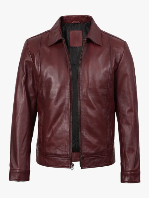 Classic Shirt Collar Burgundy Harrington Leather Jacket