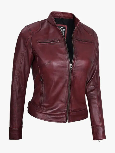 Dodge Burgundy Cafe Racer Leather Jacket