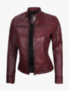 Dodge Women's Burgundy Cafe Racer Leather Jacket