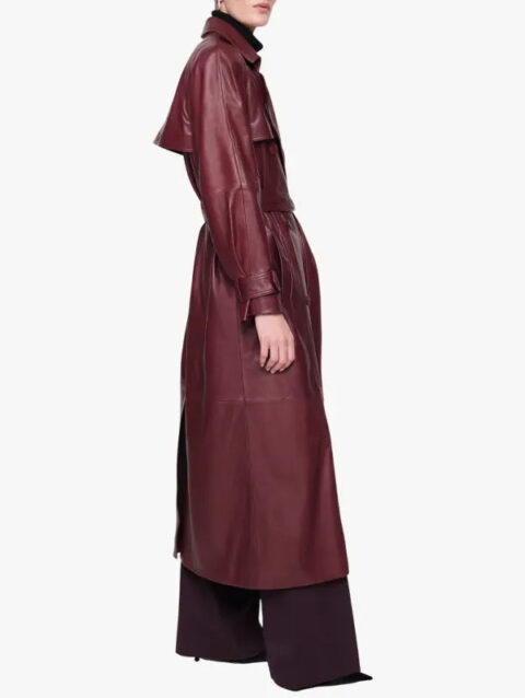 Double Breasted Corrin Leather Trench Burgundy Coat