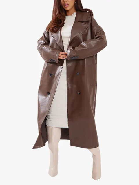 Double Breasted Faux Leather Trench Coat