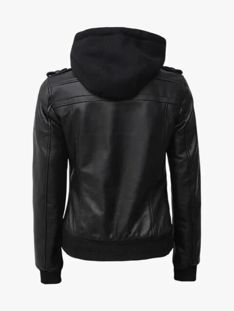 Edinburgh Bomber Black Leather Jacket with Removable Hood