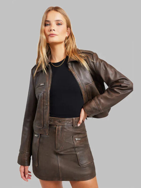 Ena Pelly Lennie Brown Leather Biker Jacket