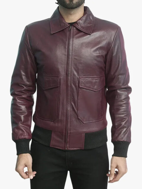 Ernesto Mens Maroon Leather Bomber Jacket