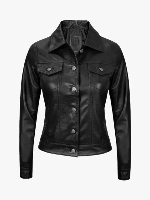 Fernando Women Black Leather Trucker Jacket