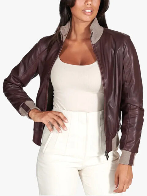 G155 - Burgundy natural leather bomber jacket merino wool collar For Women's