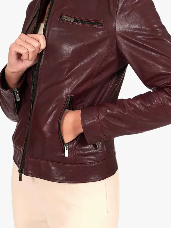 Giulia - Bordeaux vegetable leather biker jacket four zipper pockets