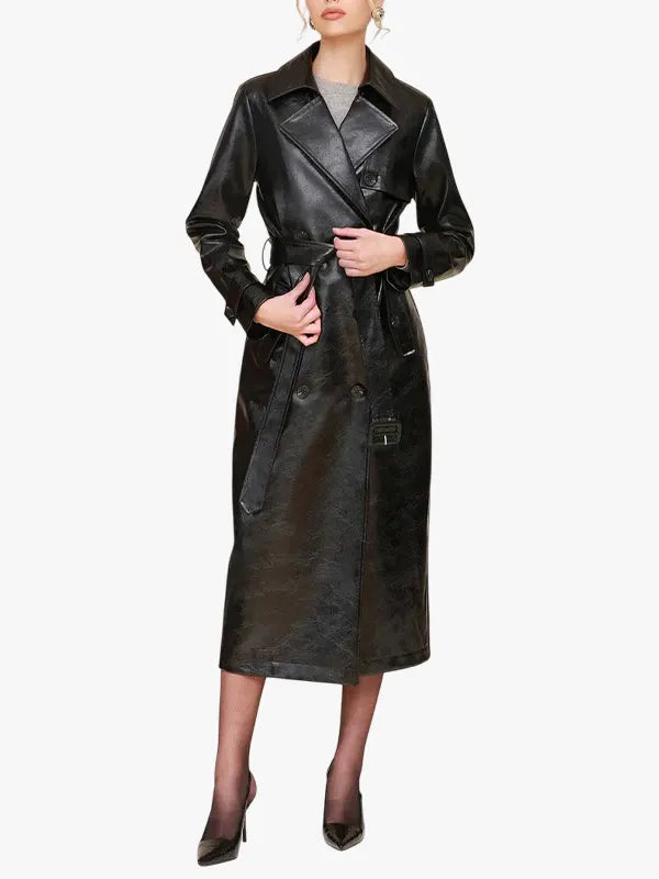 Glazed Faux-Ever Leather Belted Trench Coat